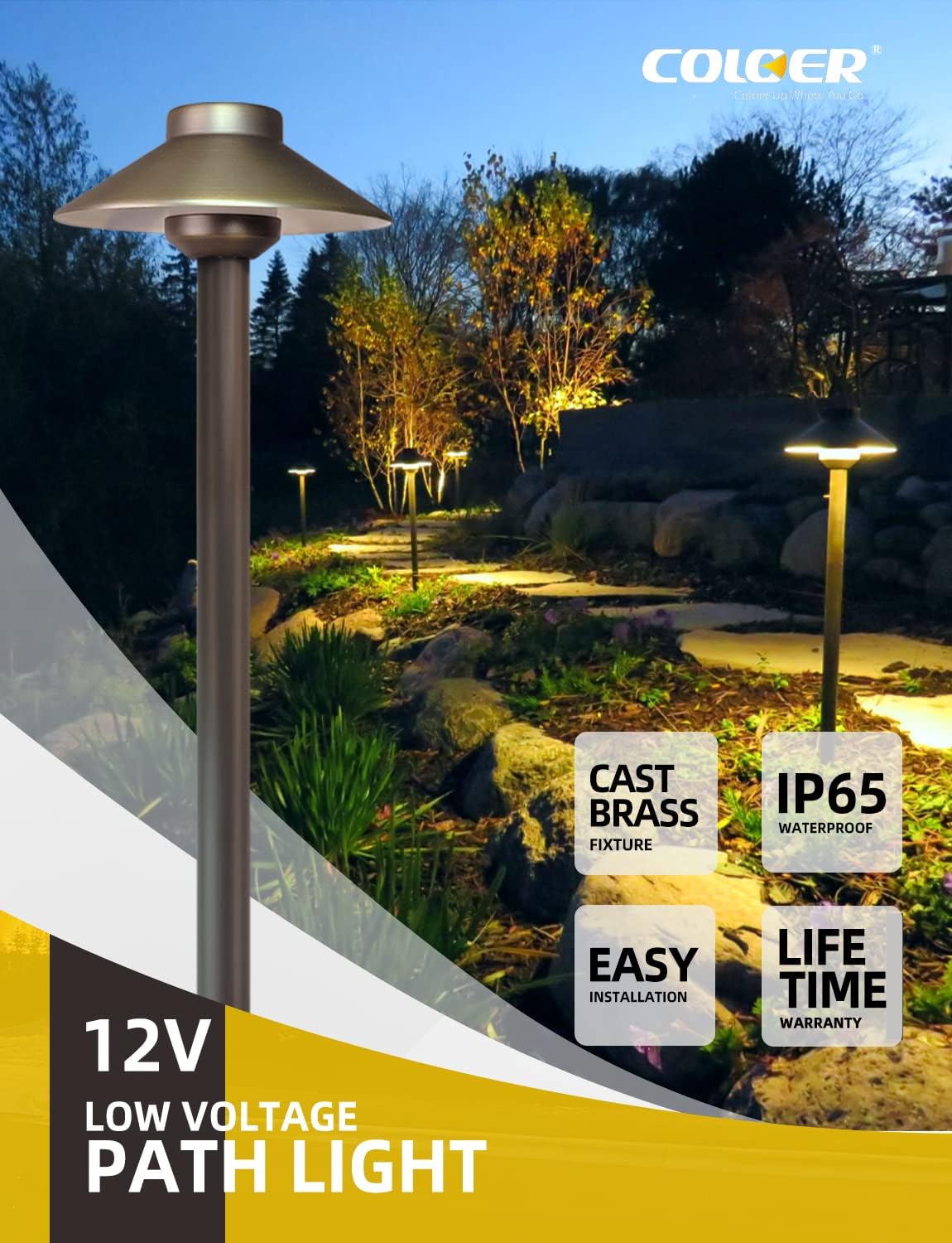 COLOER Brass Low Voltage Pathway Lights Wired 4-Pack with 3W LED G4 Bulb,12V Waterproof China Hat Outdoor Path Lighting for Yard, Patio, Landscape, Planter, Walkway(602B)