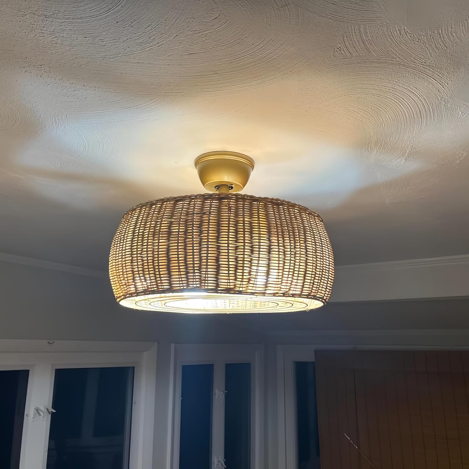 18.1' Rattan Caged Ceiling Fan with Lights 4-Light Beige Fandelier with Light Boho Bamboo Chandelier Fan with Light Reversible Motor, Remote Wicker Pendant Light with Fan for Bedroom Living Room