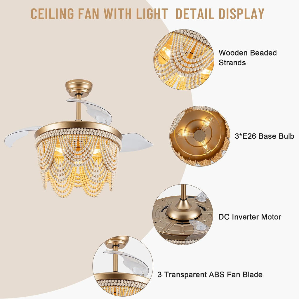 42'' Retractable Ceiling Fans with Lights and Remote, Bohemian Ceiling Fans with Wooden Beads, 6 Speeds Reversible Bladeless Ceiling Fan for Bedroom Living Room Kitchen