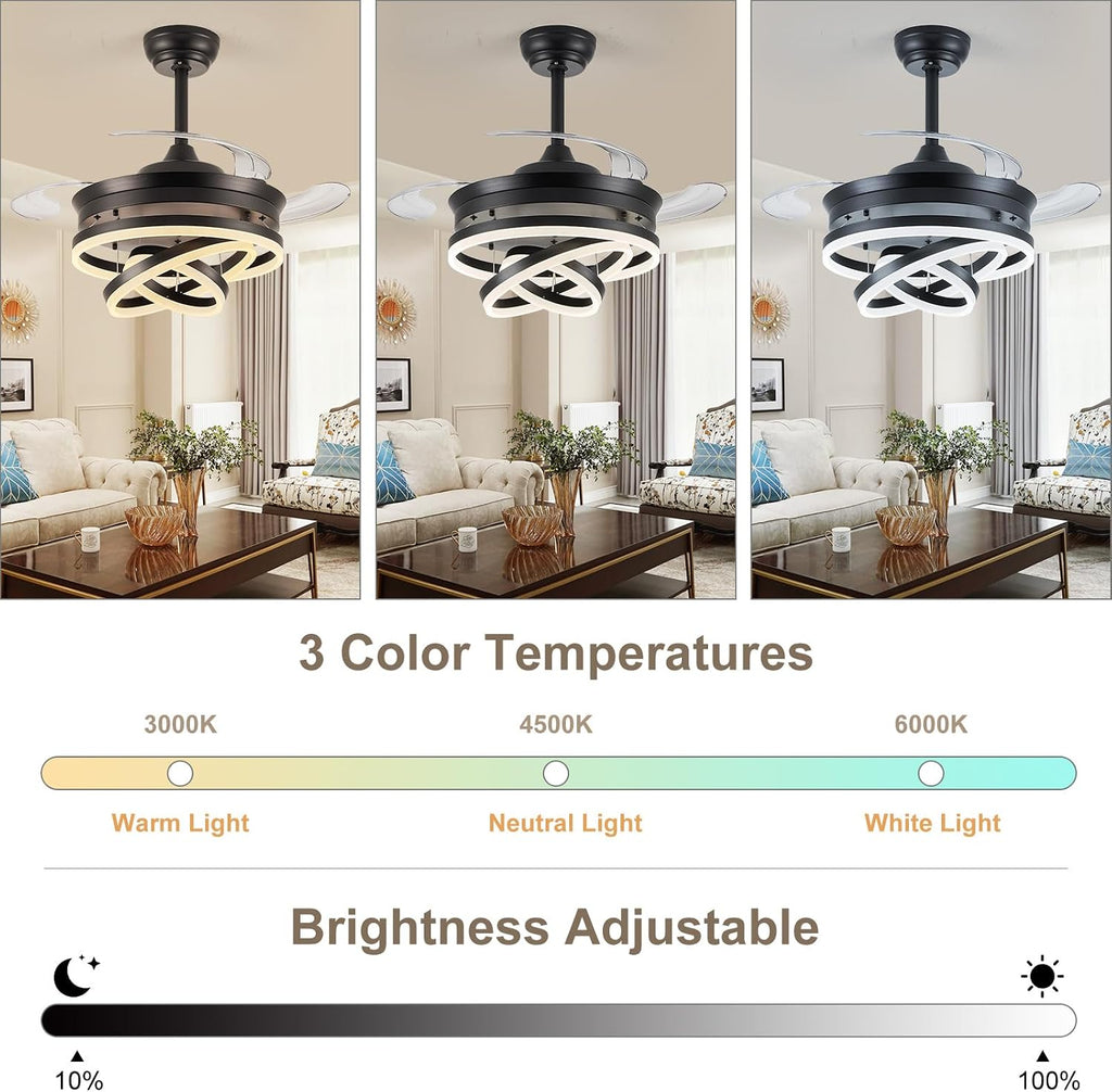 42' Retractable Ceiling Fans with Lights, Modern Fandelier Ceiling Fan with LED Light and Remote/APP Control 3 CCT, Reversible, 6 Wind Speed, Chandelier Ceiling Fan for Bedroom, Living Room Black