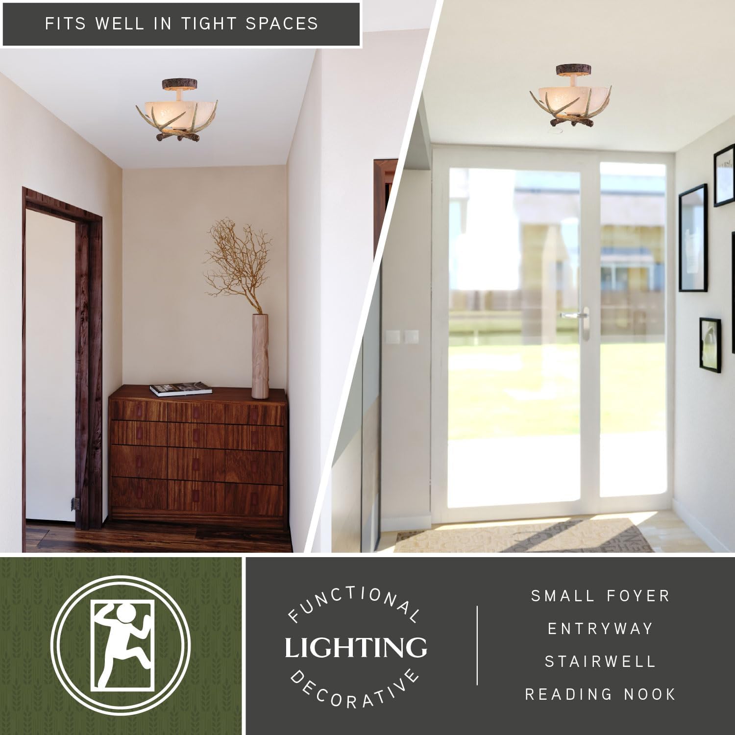 VAXCEL Lodge 12-in W Cream Rustic Antler Bowl Semi Flush Mount Ceiling Light Cream Glass