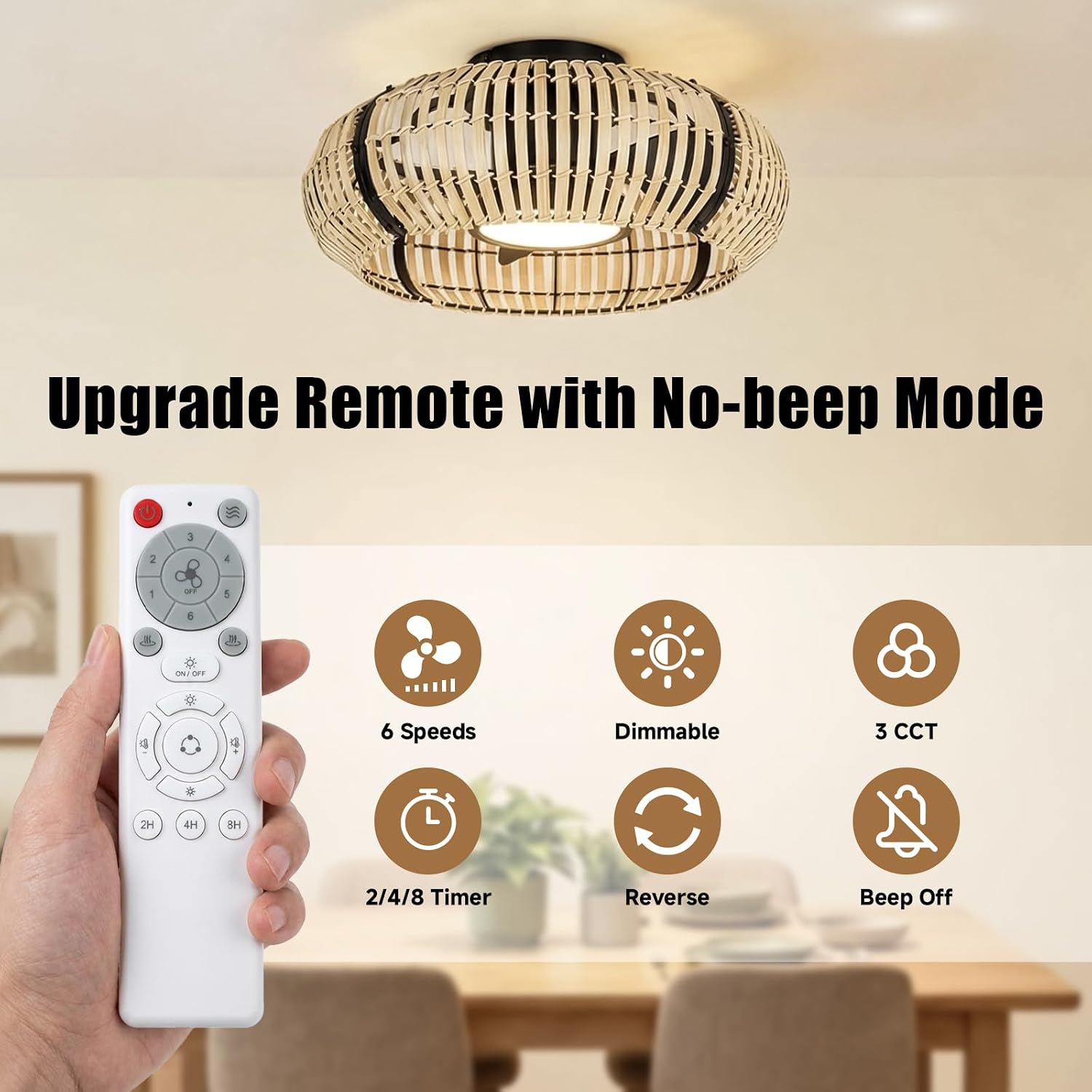 ocioc 20' Fandelier Ceiling Fans with Lights and Remote,Caged Ceiling Fan with Light,Flush Mount,Low Profile,Bladeless,Quiet Reversible DC Motor,Boho Rattan Ceiling Fan for Bedroom