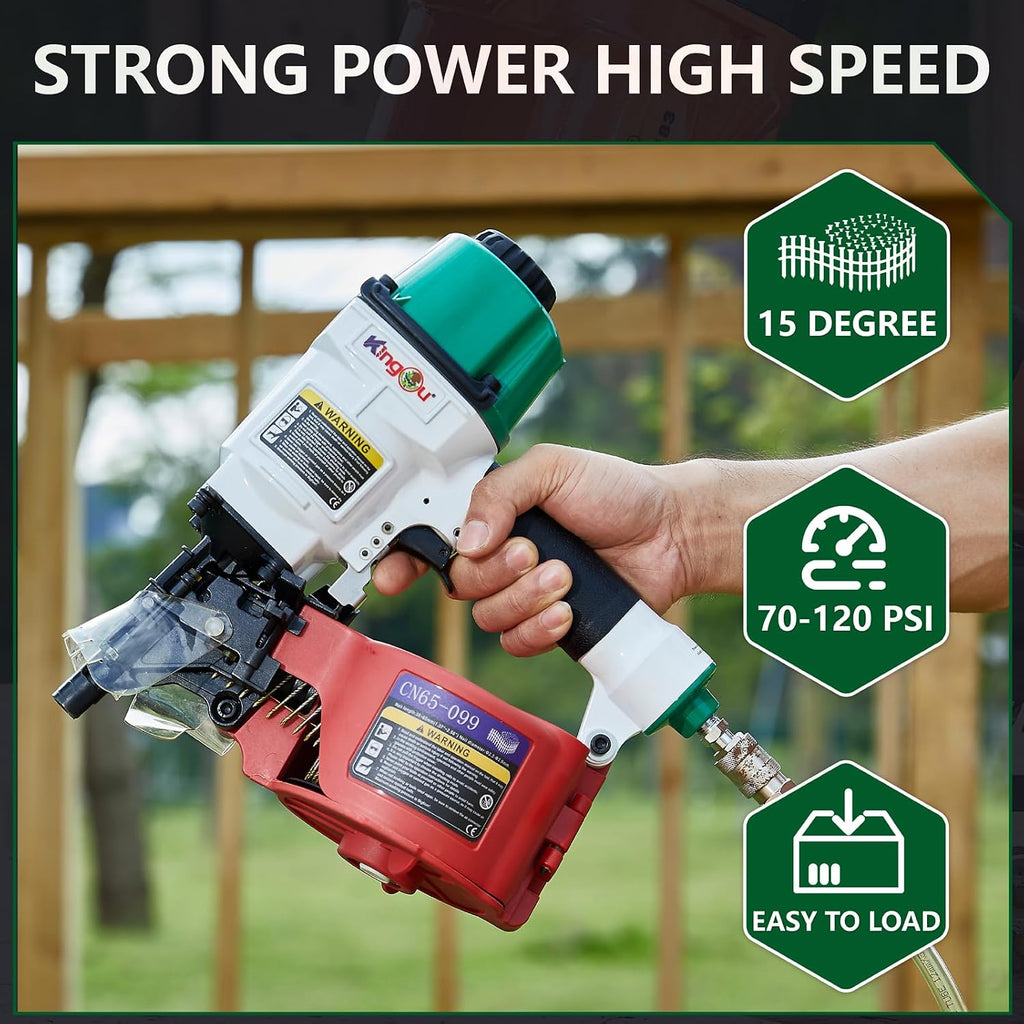Kingou CN65099 Coil Siding Nailer Decking Nailer Accepts 1-3/4-Inch to 2-3/4-Inch Nails with 1/4 NPT Air Connector 225-300pcs Load Capacity Coil Nailer Coil Nail Gun for Wooden Box Packing