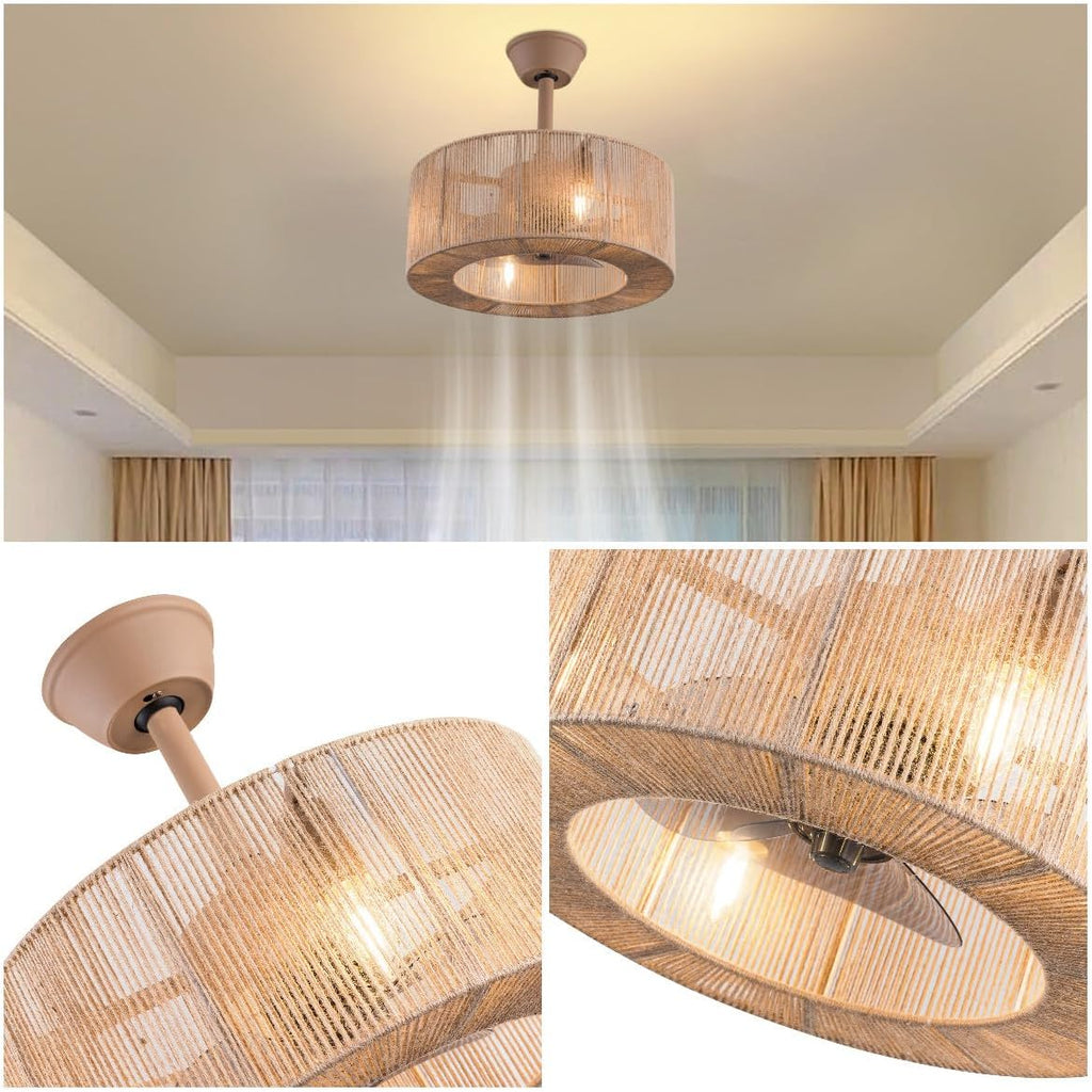 LOYALHEARTDY Boho Ceiling Fan With Light and Remote 18'' 3-speed Fringe Tassel Caged Ceiling Fan Modern Downrod Mount Bladeless Ceiling Fan Kids Fan, Hemp Rope Fringe Tassel Lampshade (FG87GRWEOUERR)