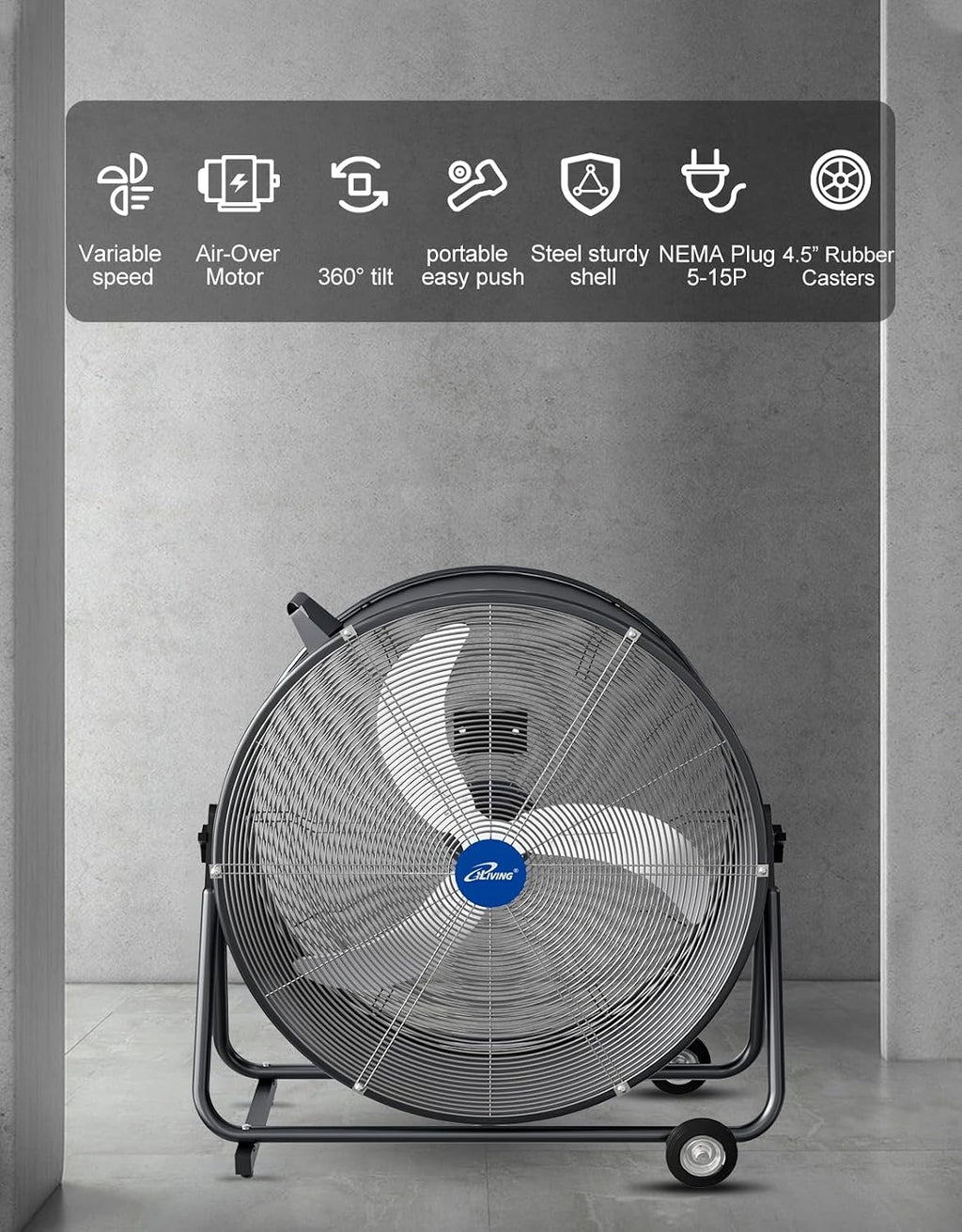 iLIVING 30 Inches High Velocity Drum Fan Industrial, Commercial, Air Circulator for Garage, Shop, Patio, Barn, Greenhouse, Speed Control 8300CFM, UL Listed,Black