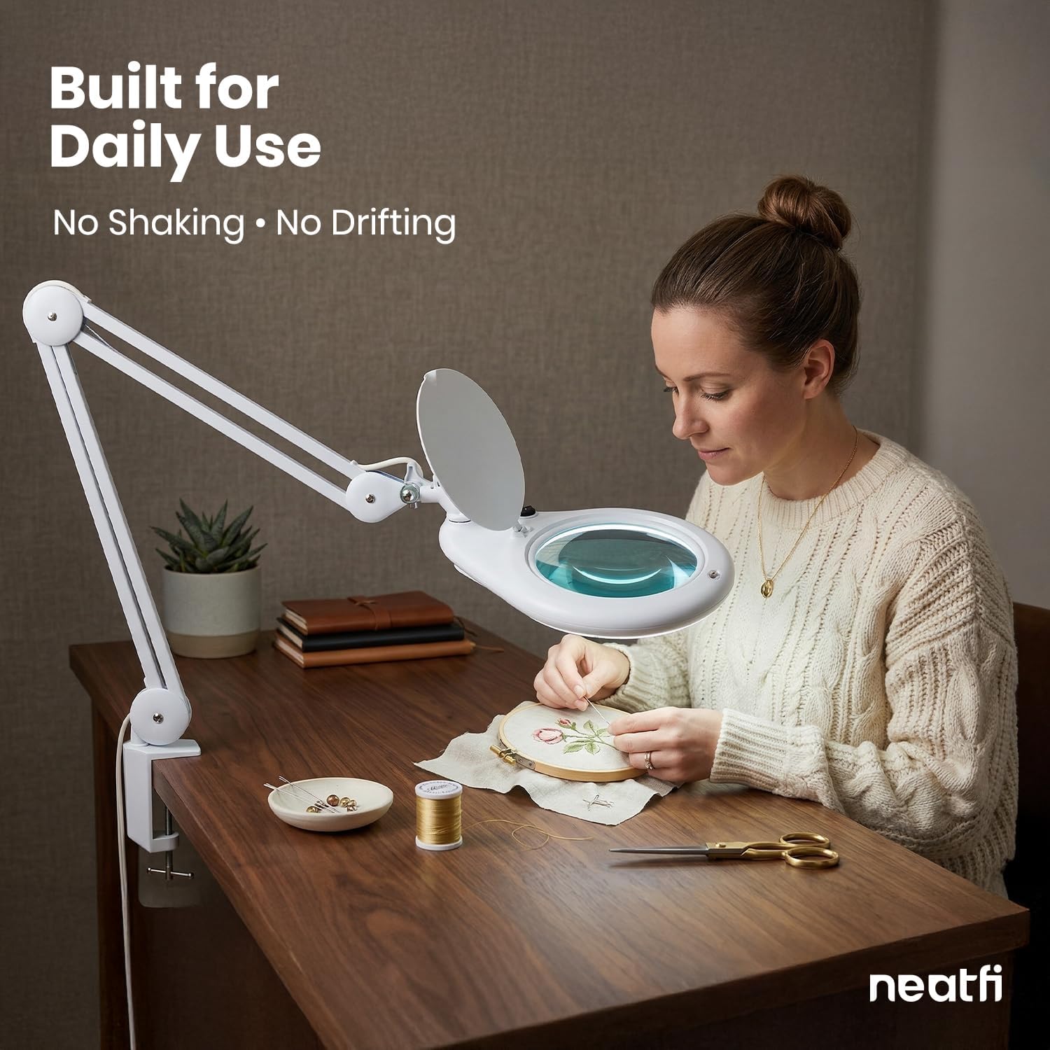 Neatfi Elite XL HD Super LED Magnifying Lamp with Clamp – 7' Glass Lens, 5-Diopter, 6500K Daylight | Glare-Free, Adjustable Arm | Reading, Sewing & Crafting (7 Inch Lens, White)