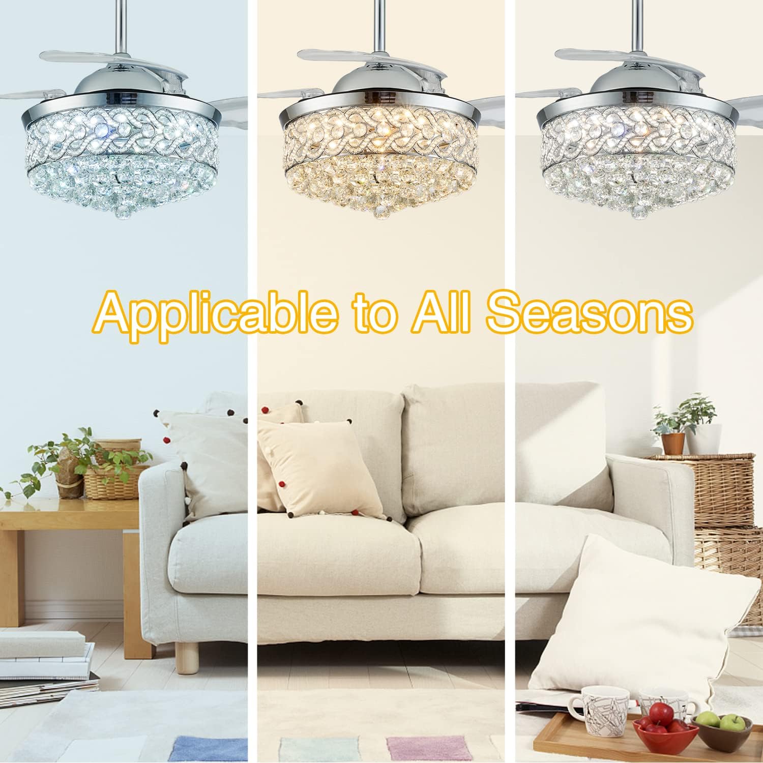 DuMaiWay 48' Chandelier Ceiling Fan, Modern Crystal Fandelier Retractable Invisible Blade LED Lighting with Remote Control for Bedroom Dining Room Living Room 3 Light Change Silver