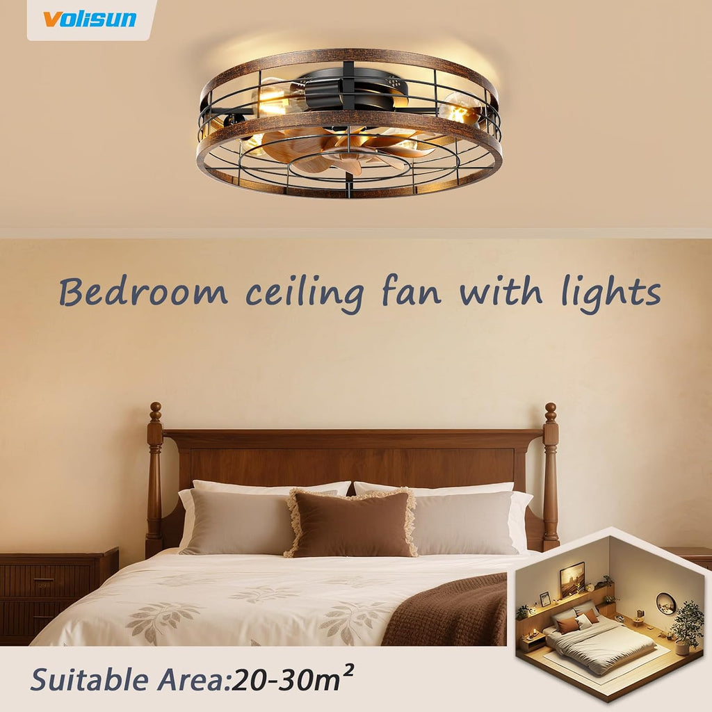 VOLISUN Farmhouse Caged Ceiling Fans with Lights Flush Mount, 23.6'' Rustic Low Profile Ceiling Fan with Light and Remote, Bladeless Fandelier Ceiling Fans with Lights for Kitchen, Bedroom-Gold