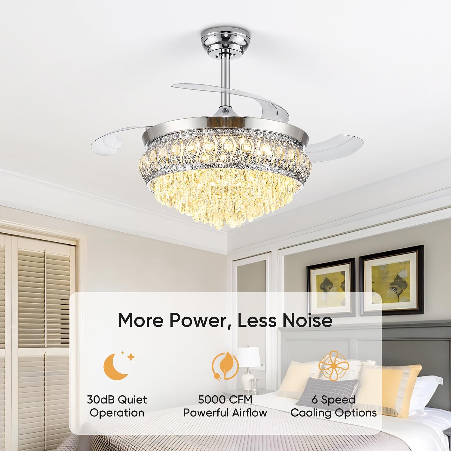 48' Fandelier Ceiling Fan with Light, Crystal Retractable Ceiling Fan with Lights and Remote, Chandelier Fans for Bedroom Living Room, Reversible DC Motor, Dimmable, 6 Speeds - Chrome