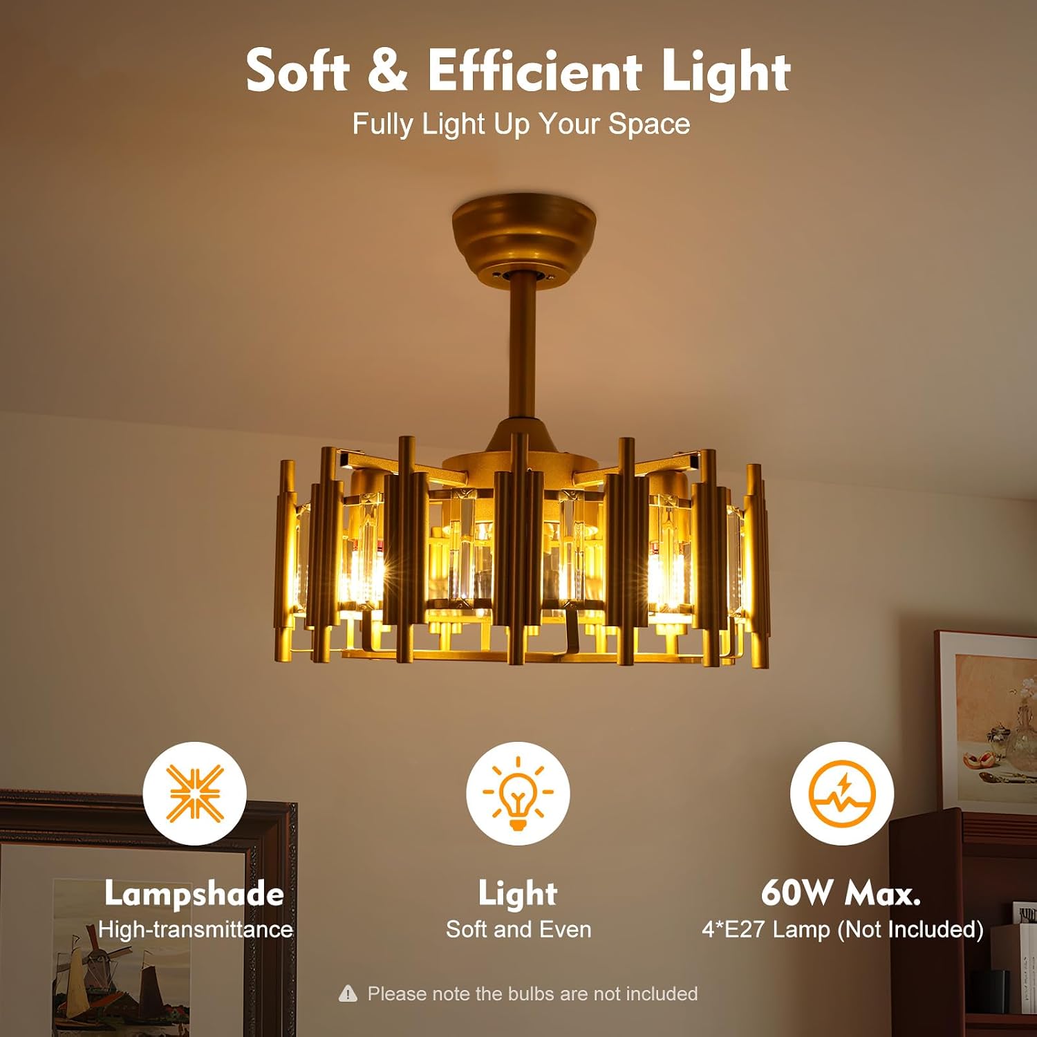 20' Champagne Gold Ceiling Fan with LED Light Remote control, 3-Speed Quiet Enclosed Fandelier Gold Caged Crystal Ceiling Fan Downrod Mount Industrial Metal Chandelier Fan 7 Invisible Blades