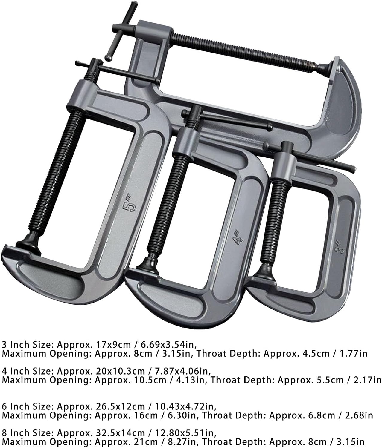 Garosa 4 Pcs Heavy Duty Steel C Clamps Set 3in 4in 6in 8in Non Slip Adjustable Welding Clamps for Woodworking Metalworking Automotive Repairs (Industrial Thickened)