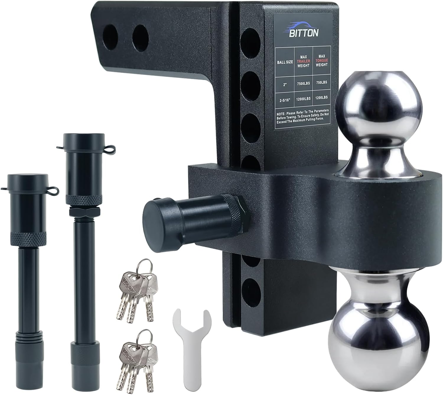 Adjustable Trailer Hitch Ball Mount Hitch, 6' Drop Lift Ball Hitch for 2 and 2.5 Inch Receiver, 12000 LBS Heavy Duty Aluminum Alloy Dual Towing Ball (2' x 2-5/16') with Anti-Theft Locking Pin Hitch