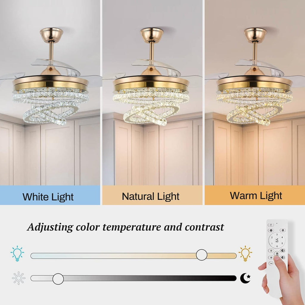 42' Dimmable Gold LED Fandeliers Crystal Chandelier Ceiling Fan with Lights Modern Invisible Fandelier Crystal Chandelier Fan 3 LED Color Change with Memory Function
