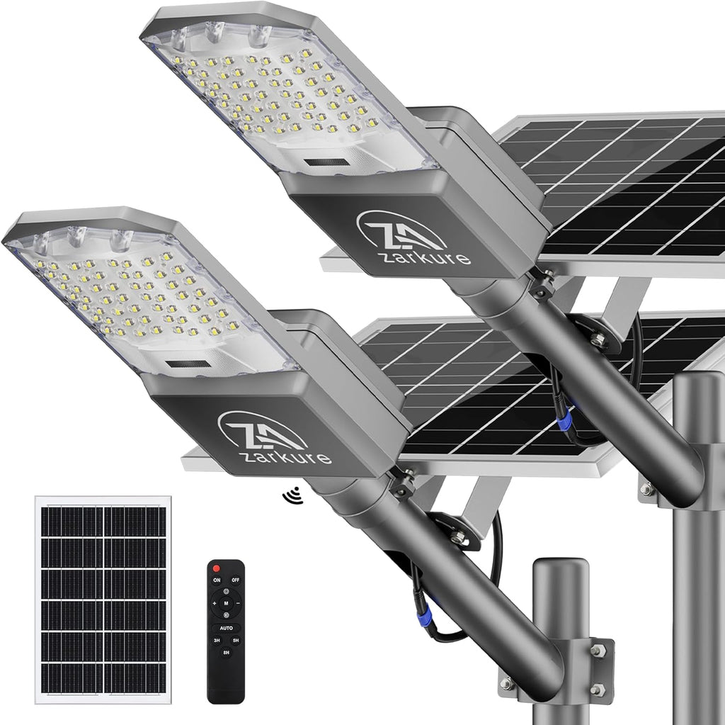 9500W Solar Street Lights Outdoor, 2PCS 40000mAh IP67 Waterproof Solar Security Flood Lights 7000K 450000LM Bright LED Beads Commercial Parking Light with Remote Control for Street, Court, Barn-Gray