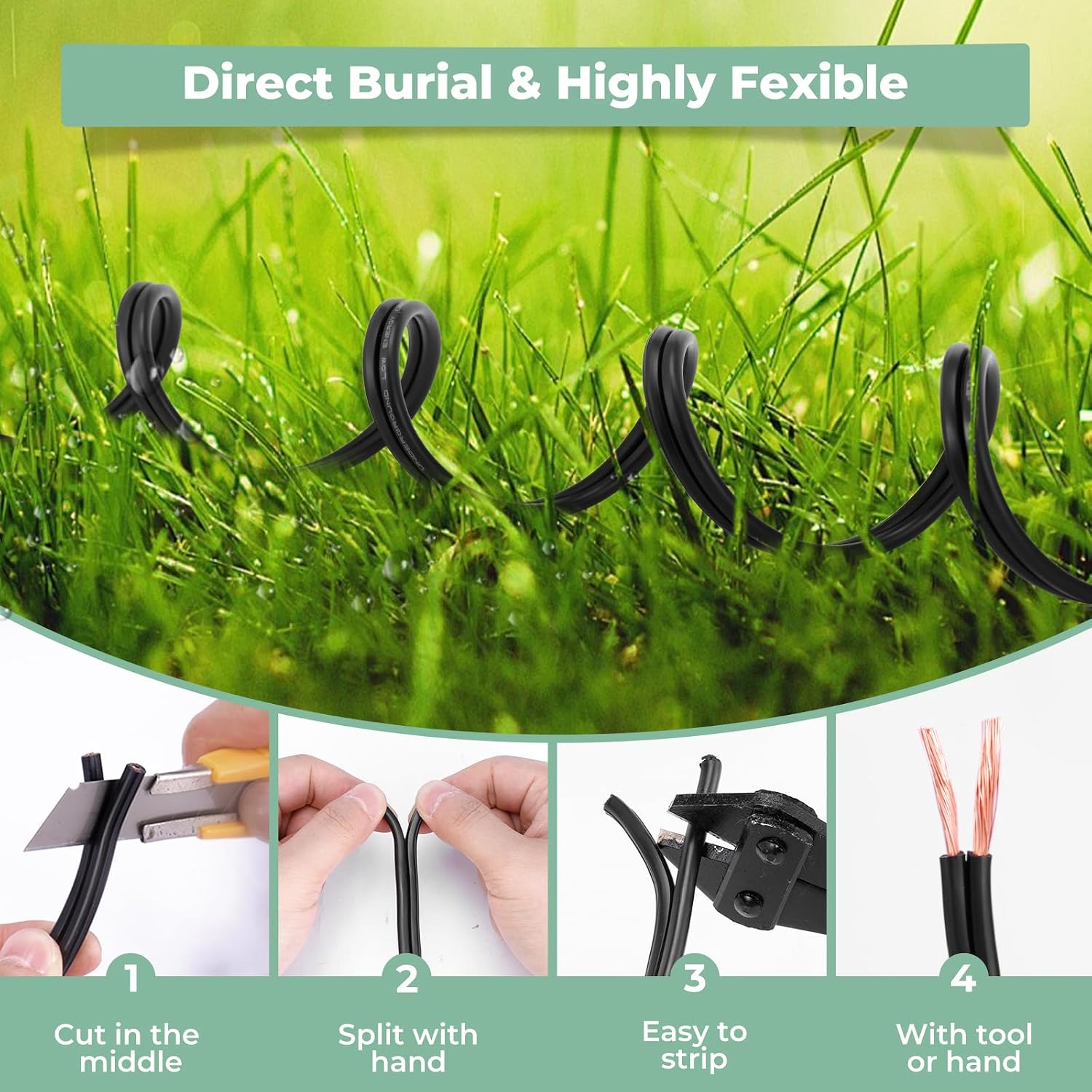 Gardencoin 12/2 Low Voltage Landscape Lighting Wire 250FT, 12 Gauge 2 Conductor Outdoor Direct Burial Electrical Cable, Pure Copper, ETL Listed