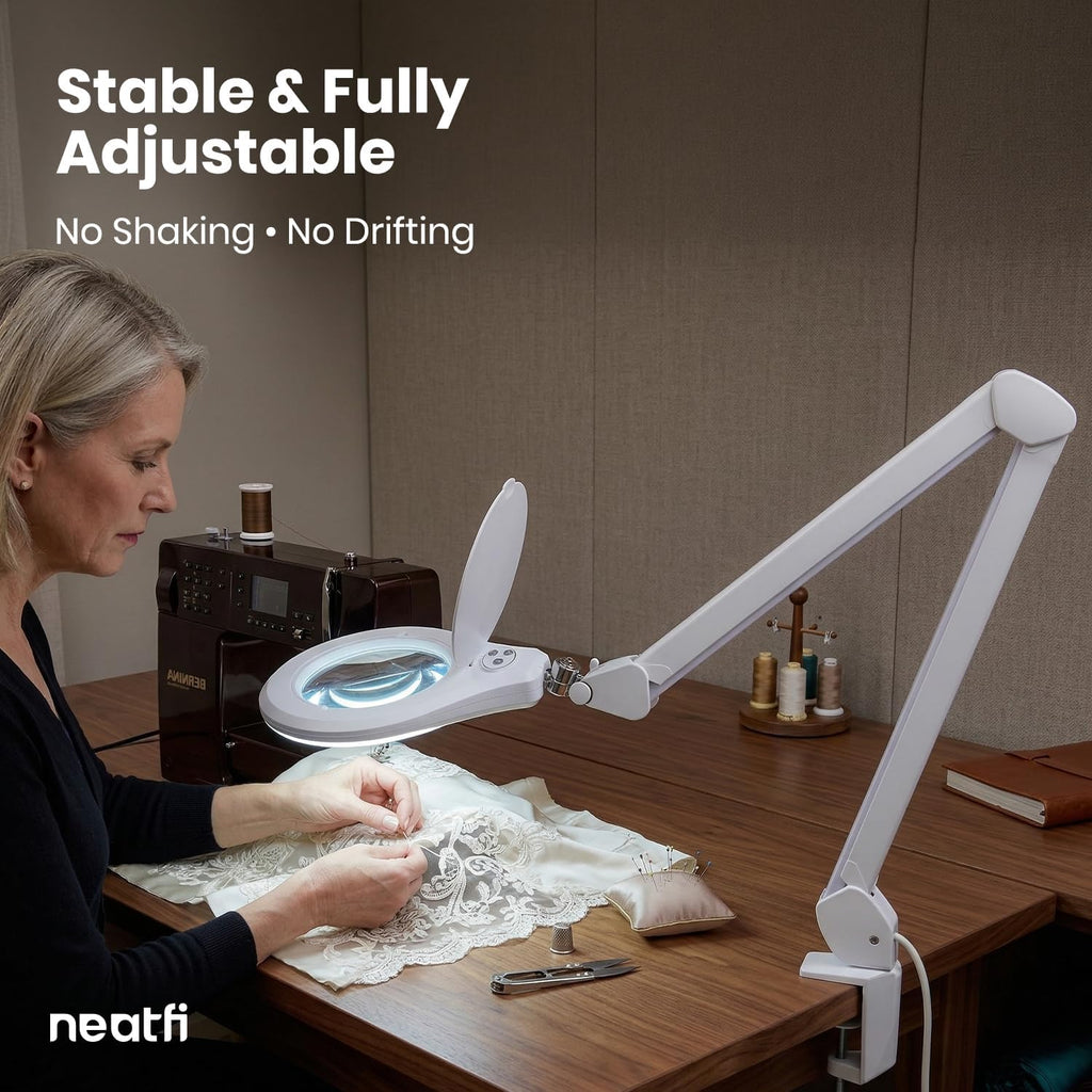 Neatfi Elite Super LED Magnifying Lamp with Clamp – 6' Glass Lens, 2.25X/4X Bifocal, 6500K Daylight | Glare-Free, Nonpolar Dimming | Reading, Crafting & Precision Work (6 Inch Lens, White)