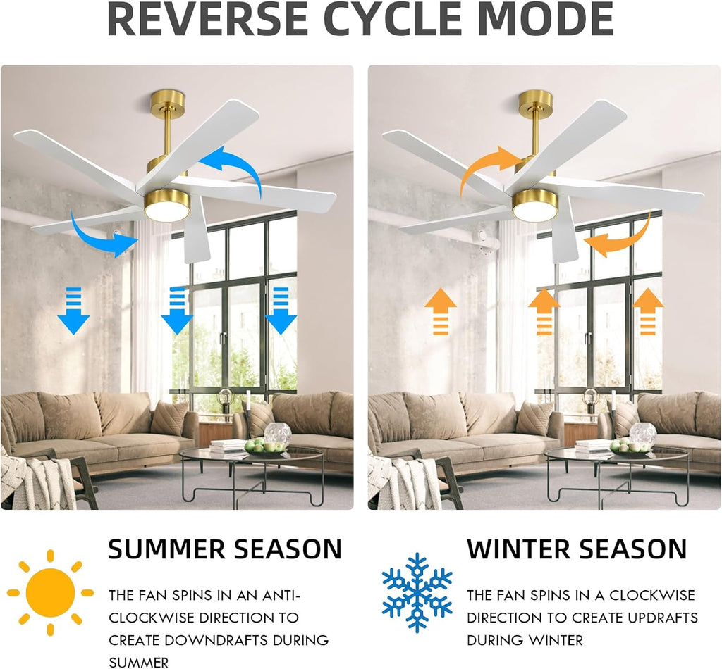 WINGBO 54' ABS DC Ceiling Fan with Lights, 5 Blade ABS Plastic Ceiling Fan with Remote, 6-Speed Reversible DC Motor, LED Ceiling Fans for Kitchen Bedroom Living Room, Brass and White