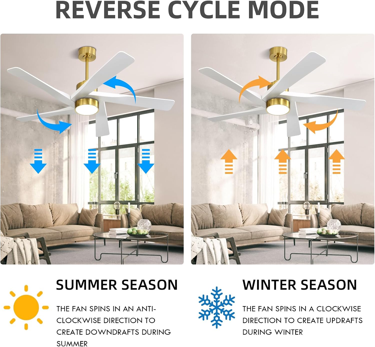 WINGBO 54' ABS DC Ceiling Fan with Lights, 5 Blade ABS Plastic Ceiling Fan with Remote, 6-Speed Reversible DC Motor, LED Ceiling Fans for Kitchen Bedroom Living Room, Brass and White