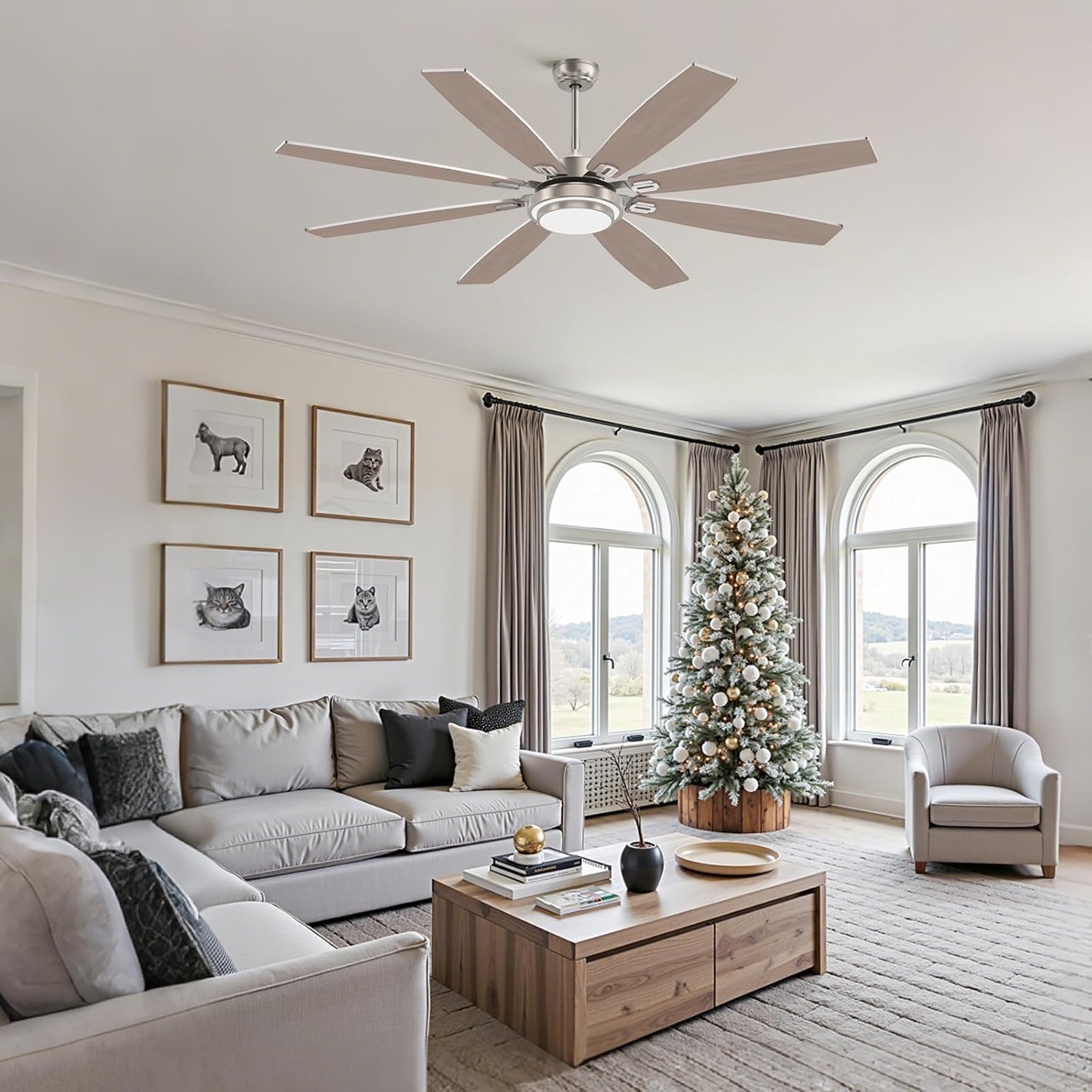 72 Inch Large Ceiling Fans with Lights and Remote Control, Modern Nickel Ceiling Fan with Quiet Reversible DC Motor, Timer, 6 Speeds for Living Room, Kitchen, Home Office, Outdoor Patio