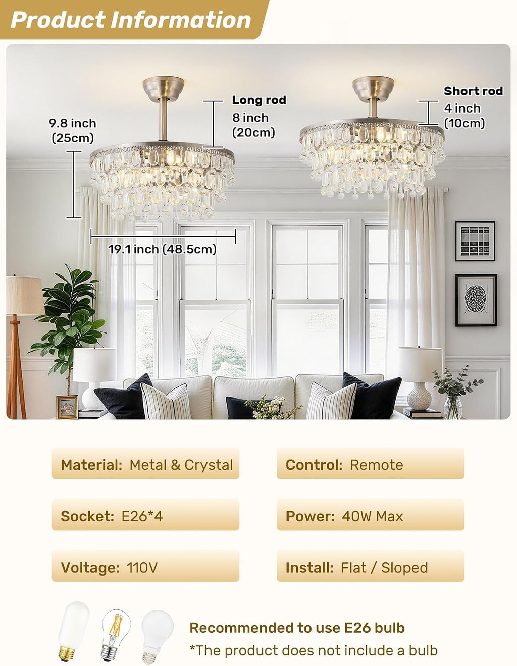 Silver Crystal Fandelier Ceiling Fan with Light, 20' Crystal Chandelier Ceiling Fans with Lights and Remote with 6 Speeds Caged for Bedroom, Living Room, Nursery