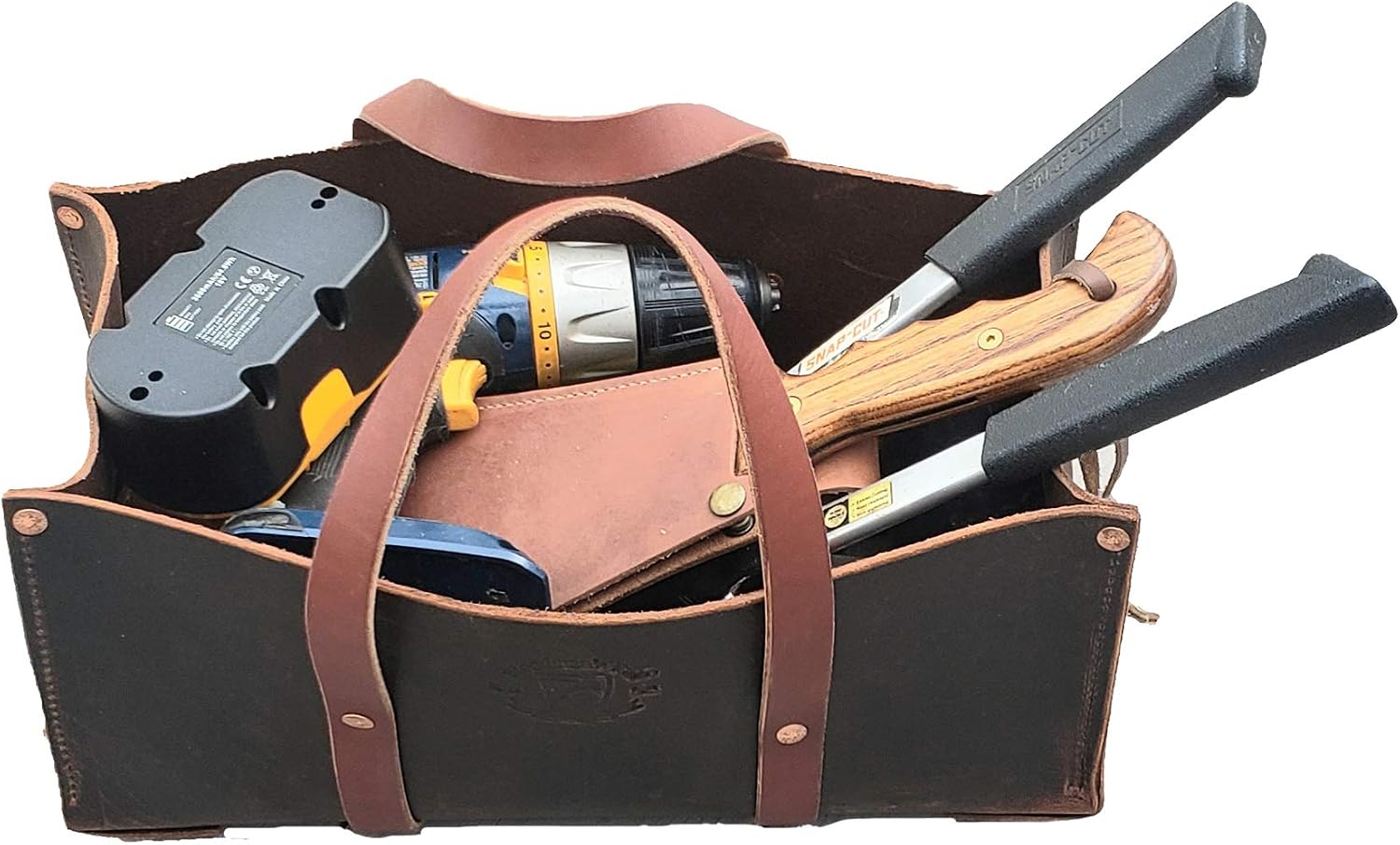 Woodman's Pal Buffalo Leather Tote Tool Bag For Hand Tools, Gardening, Outdoorsmen, Heavy Duty Premium Storage Leather Organizer (Golden Brown)