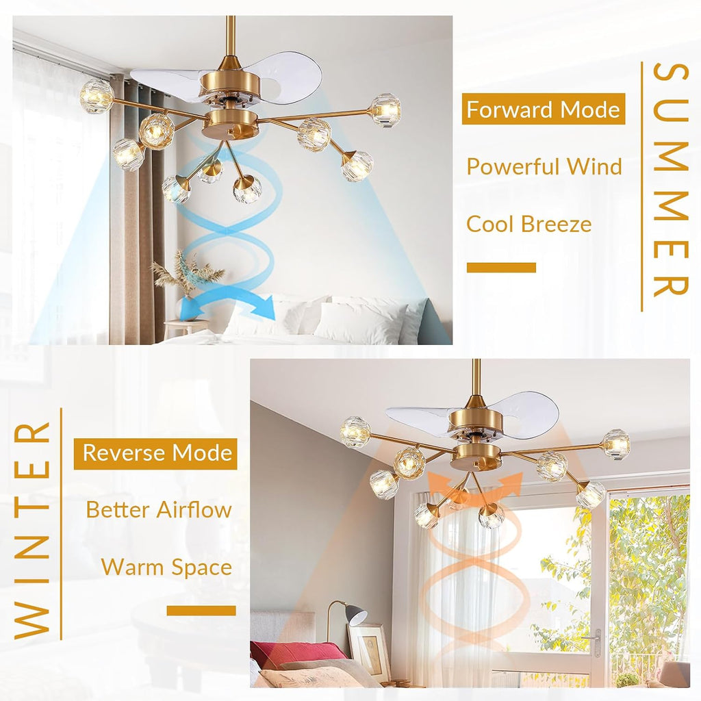 Siljoy 9-Light Farmhouse Sputnik Crystal Ceiling Fan with Light and Remote, Brass Gold Fandelier with Quiet Reversible Motor, 6 Speeds, 3-Color Change for Living Room Bedroom Patio 35.4 Inch