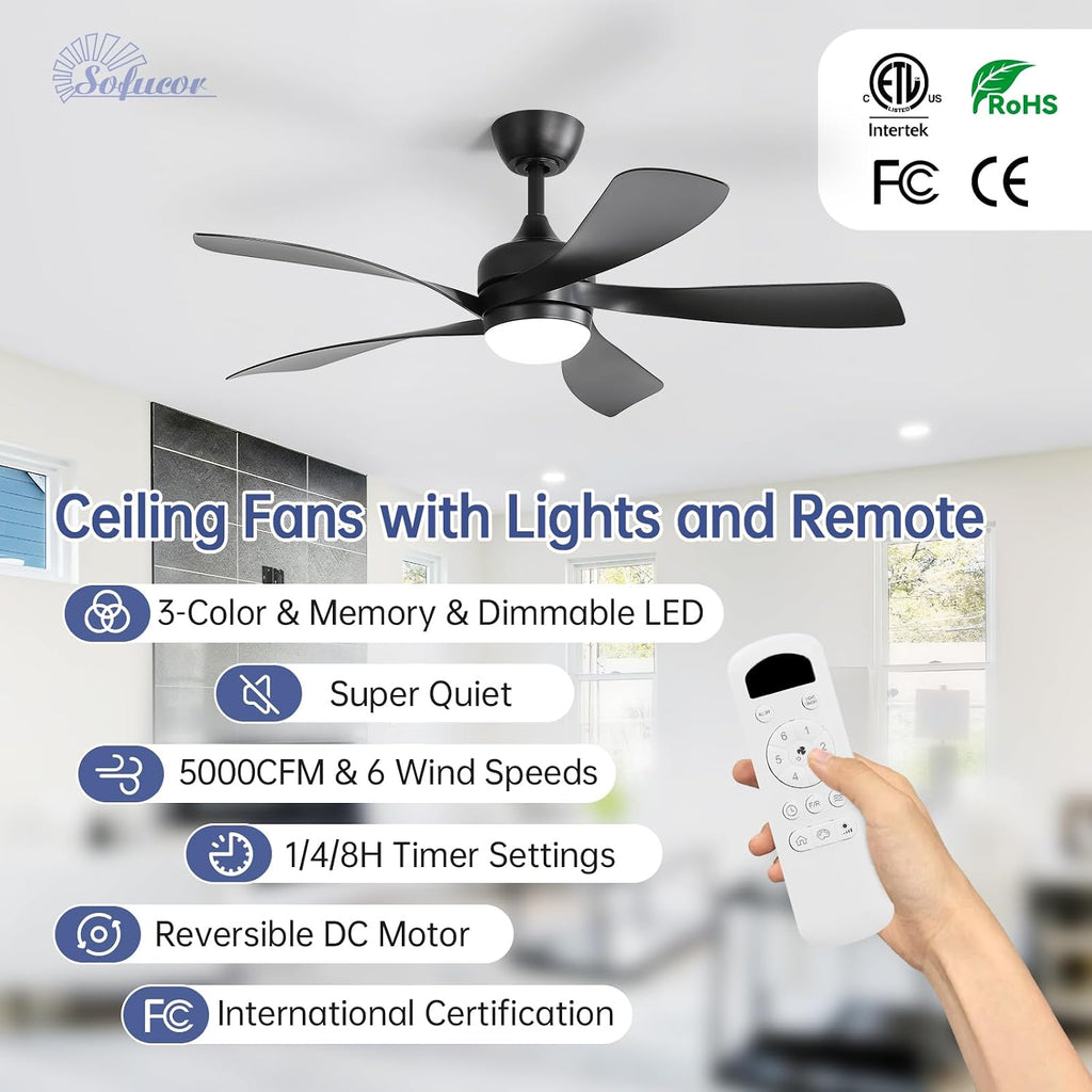 Sofucor 52 Inch Ceiling Fan with Light, Modern Ceiling Fan with Dimmable Memory LED - Quiet DC Motor, 6 Speeds 5000CFM, Timer, Reversible, for Living Room Bedroom, ETL, 5 Plastic+ABS Blades, Black