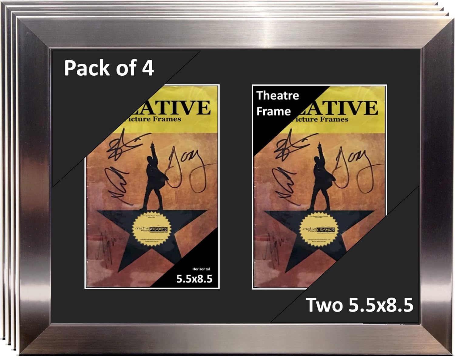 Creative Picture Frames 11'x 14' Stainless Steel Finish Double Theatre Bill Frame and Black Matting with Installed Hanger and Stand (Theatre Bill Not Included Pack of 4)
