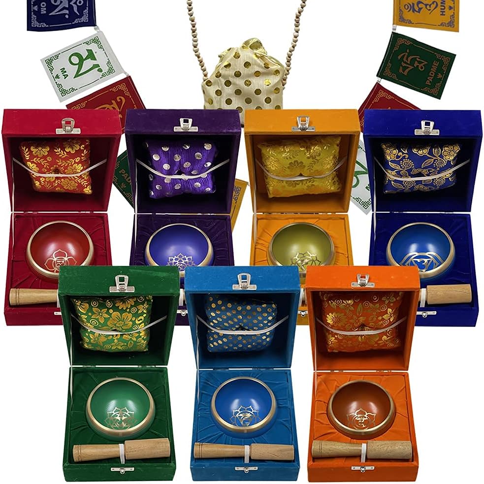 Chakra Singing Bowls Set Cuencos Tibetanos With Cushion Mallet Tulsi Beads Mala Tibetan Prayer Flag For Meditation Mindfulness - Style2 Size Small