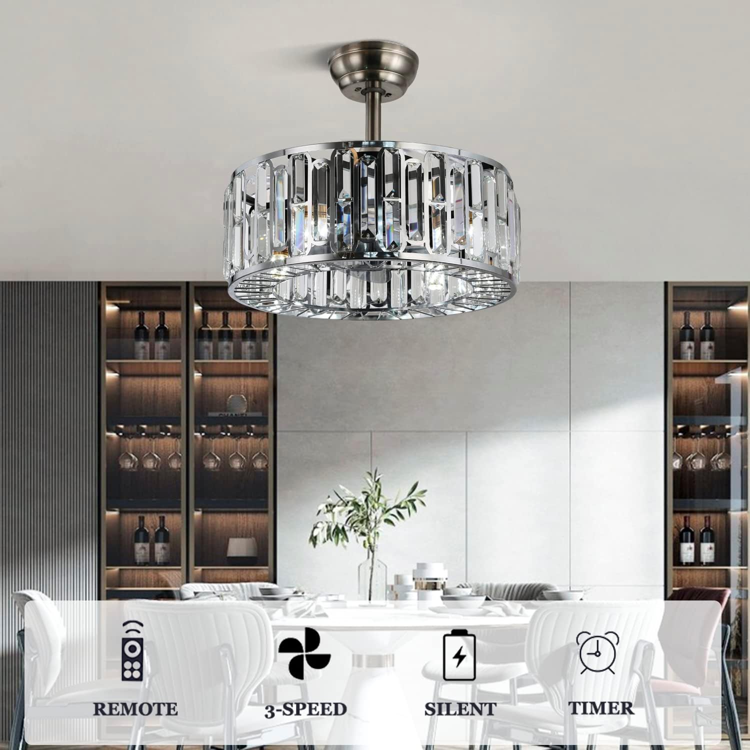 Fandian 18' Industrial Caged Ceiling Fan with Light,Bladeless Fan with 3 Speeds, Farmhouse Crystal Fandelier with Remote Control, Chrome Silver Chandelier Fan for Dining Bedroom
