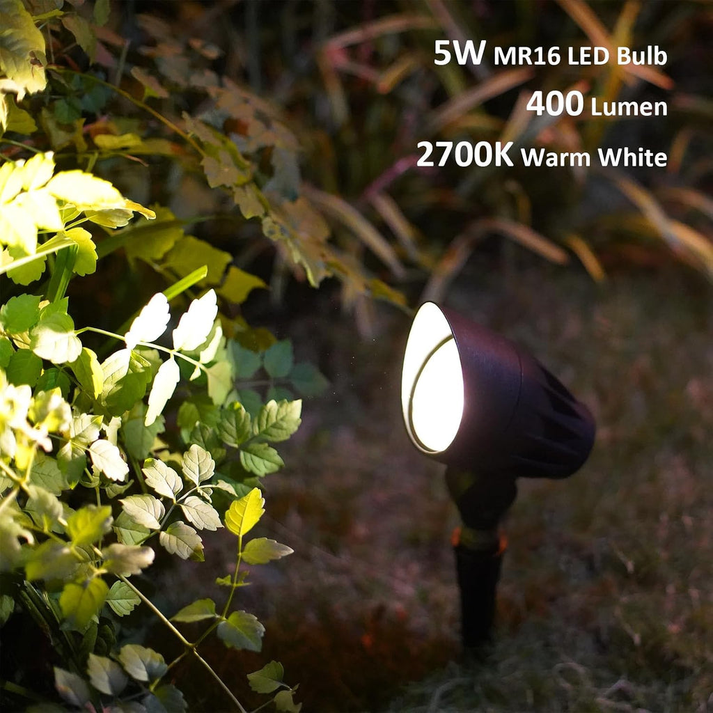 GOODSMANN Low Voltage Spotlights 12V AC Black Landscape Lighting Kit 8PK 5W LED Spot Lights 400 Lumen Warm White Outdoor Hardwired Replaceable LED Floodlights with Connectors and Metal Stakes