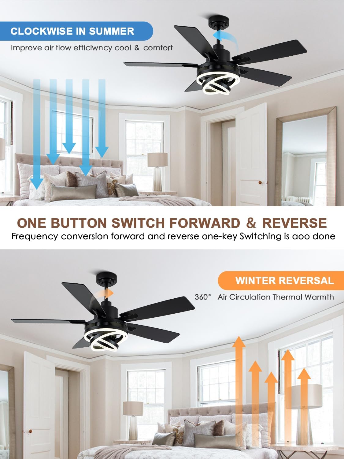 52' Ceiling Fan with Lights and Remote Contro Modern Chandelier Ceiling Fan with Lights for Bedroom Living Room (Black)