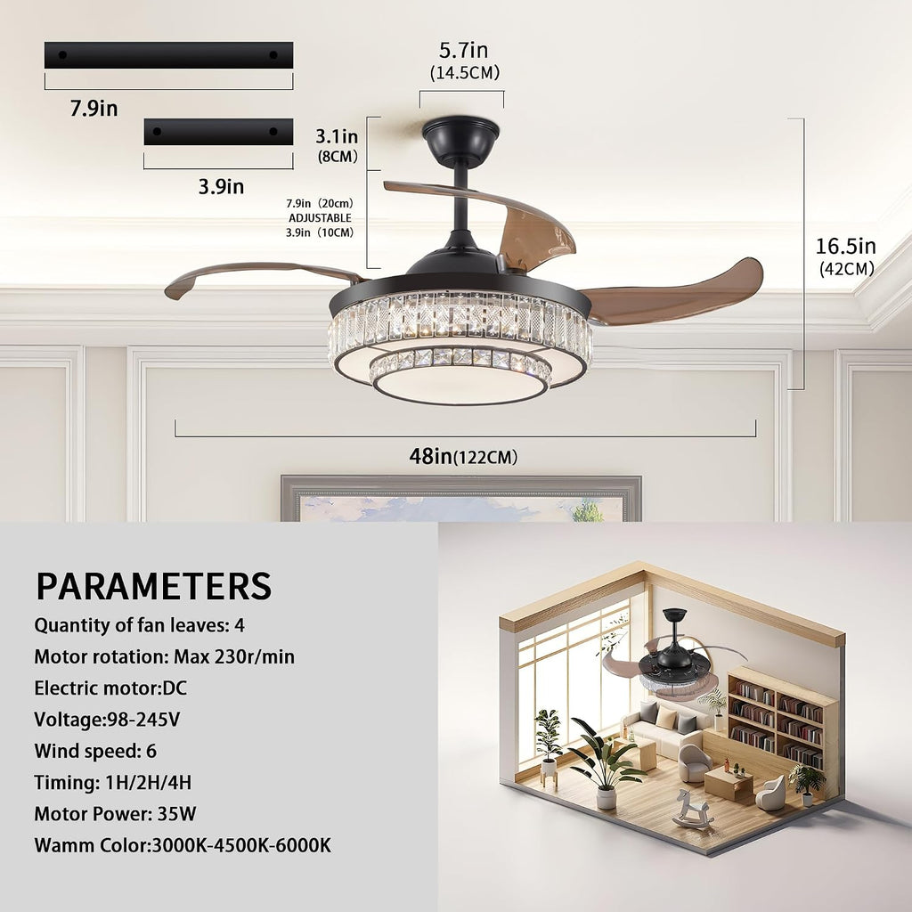 48 Inch Invisible Crystal Chandelier Fan with Remote Control, Modern Retractable Ceiling Fan Light, Black Fandelier for Bedroom, Living Room, Home Decor