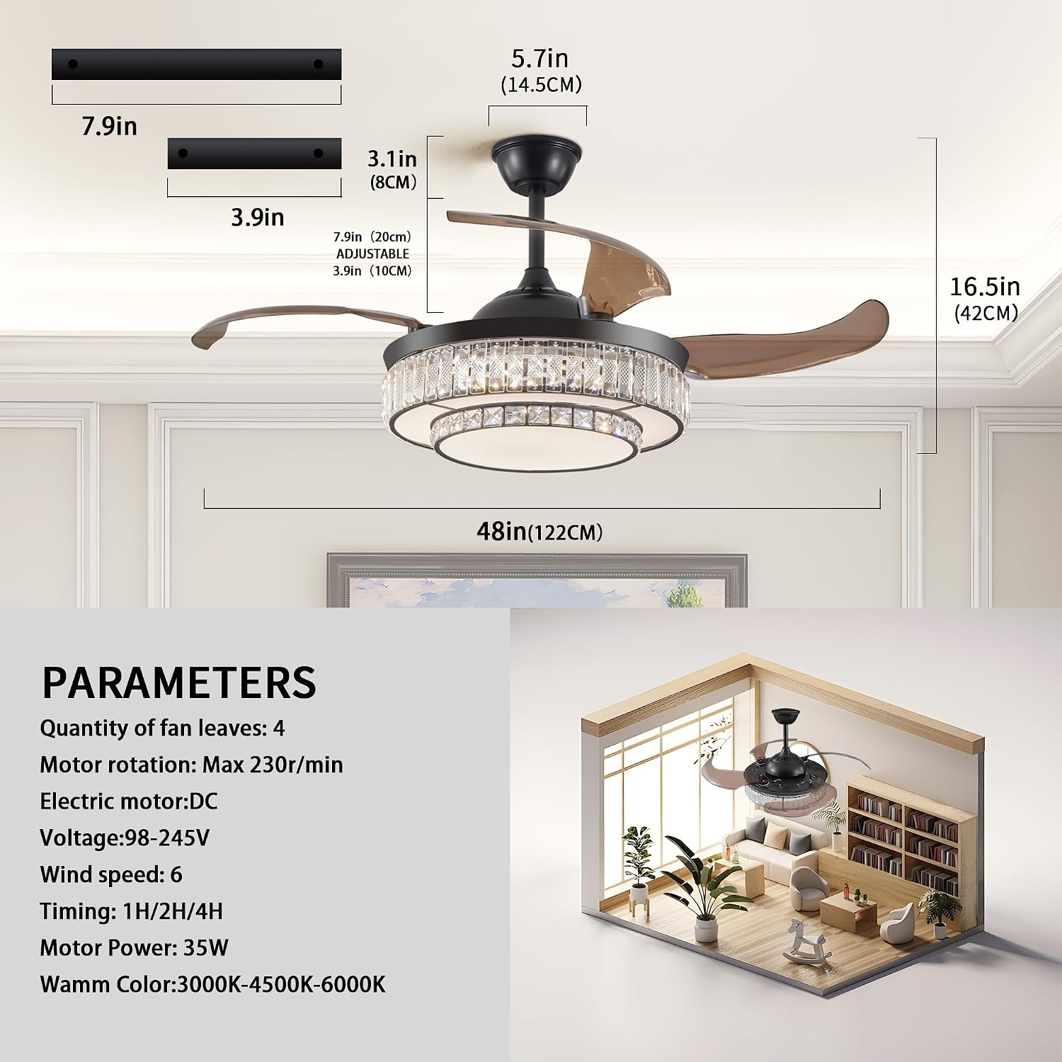 48 Inch Invisible Crystal Chandelier Fan with Remote Control, Modern Retractable Ceiling Fan Light, Black Fandelier for Bedroom, Living Room, Home Decor