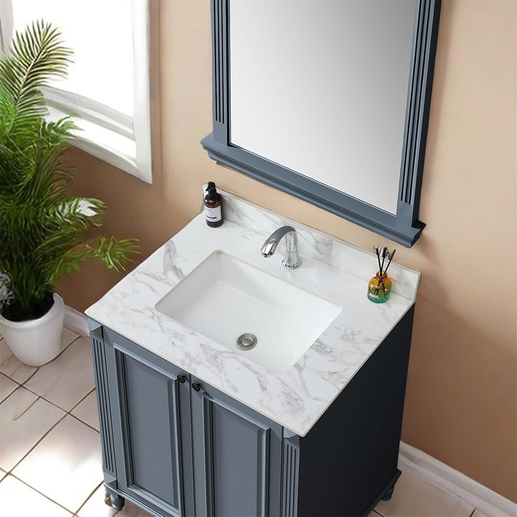 Montary 31'x 22' Bathroom Vanity Top with Undermounted Large Ceramic Sink & Backsplash, Sintered Stone Artificial Marble Vanity Sink Tops with 1 Pre-Drilled Hole, Carrara White