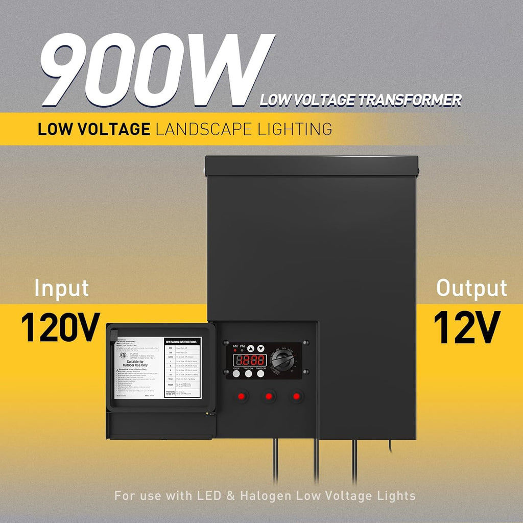 MALIBU 900W Low Voltage Transformer Outdoor Landscape Lighting Transformer 120V AC to 12V AC with Sensor and Weather Shield for Garden LED Lighting, Spotlight, Pathway Light, ETL Listed