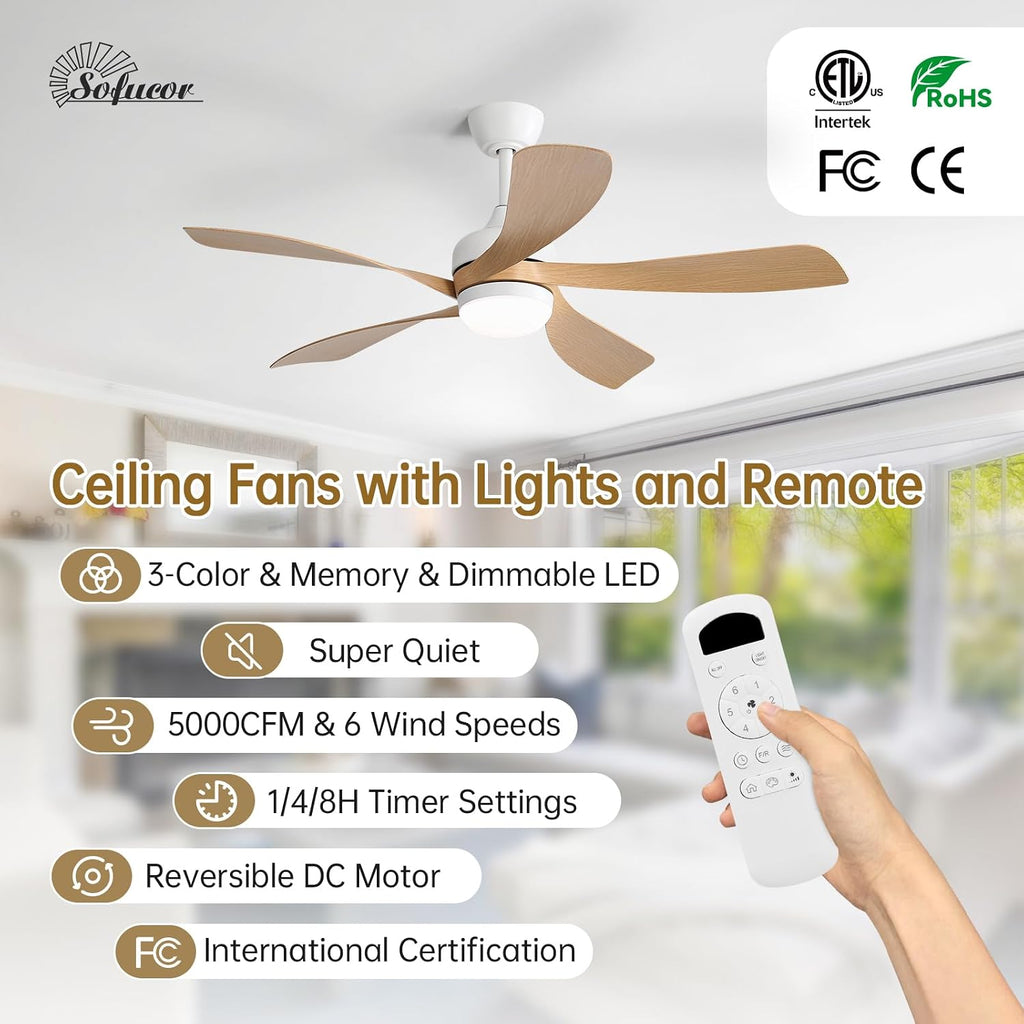 Sofucor 52 Inch Ceiling Fan with Light, Modern Ceiling Fan with Dimmable Memory LED - Quiet DC Motor, 6 Speeds 5000CFM, Timer, Reversible, for Living Room Bedroom, ETL, 5 Plastic+ABS Blades, Log Color