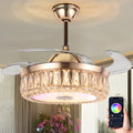 A Million 42' Gold Smart Ceiling Fan with Light and Bluetooth Speaker, Crystal Chandelier Fan with Retractable Blade 3 Speed and RGB Color Change APP and Remote Control