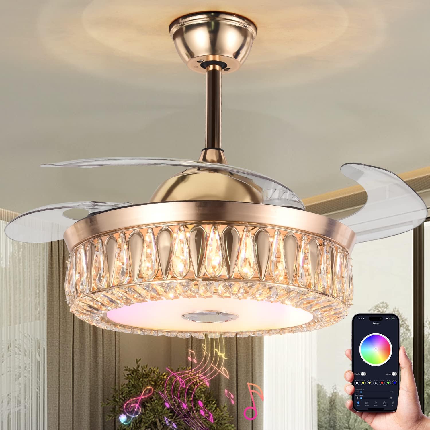 A Million 42' Gold Smart Ceiling Fan with Light and Bluetooth Speaker, Crystal Chandelier Fan with Retractable Blade 3 Speed and RGB Color Change APP and Remote Control