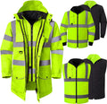 ANSI Class 3 High Visibility 7 in 1 Safety Winter Jacket For Men Safety Coat Traffic Reflective Parka Jacket