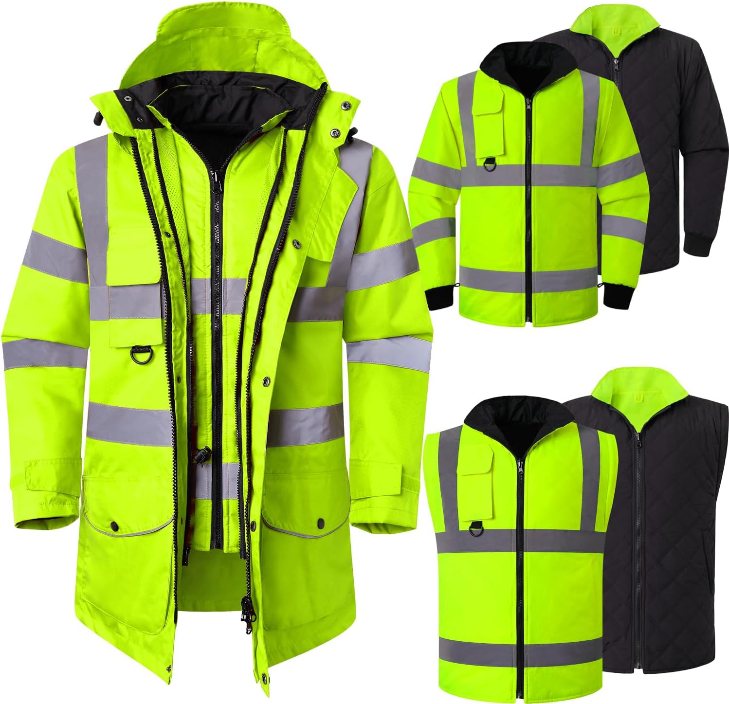 ANSI Class 3 High Visibility 7 in 1 Safety Winter Jacket For Men Safety Coat Traffic Reflective Parka Jacket