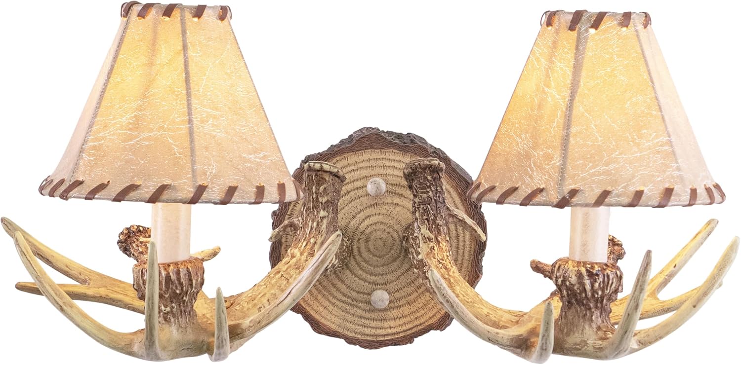 Lodge 2 Light Rustic Wood Antler Armed Wall Sconce Faux Leather Shade Noachian Stone