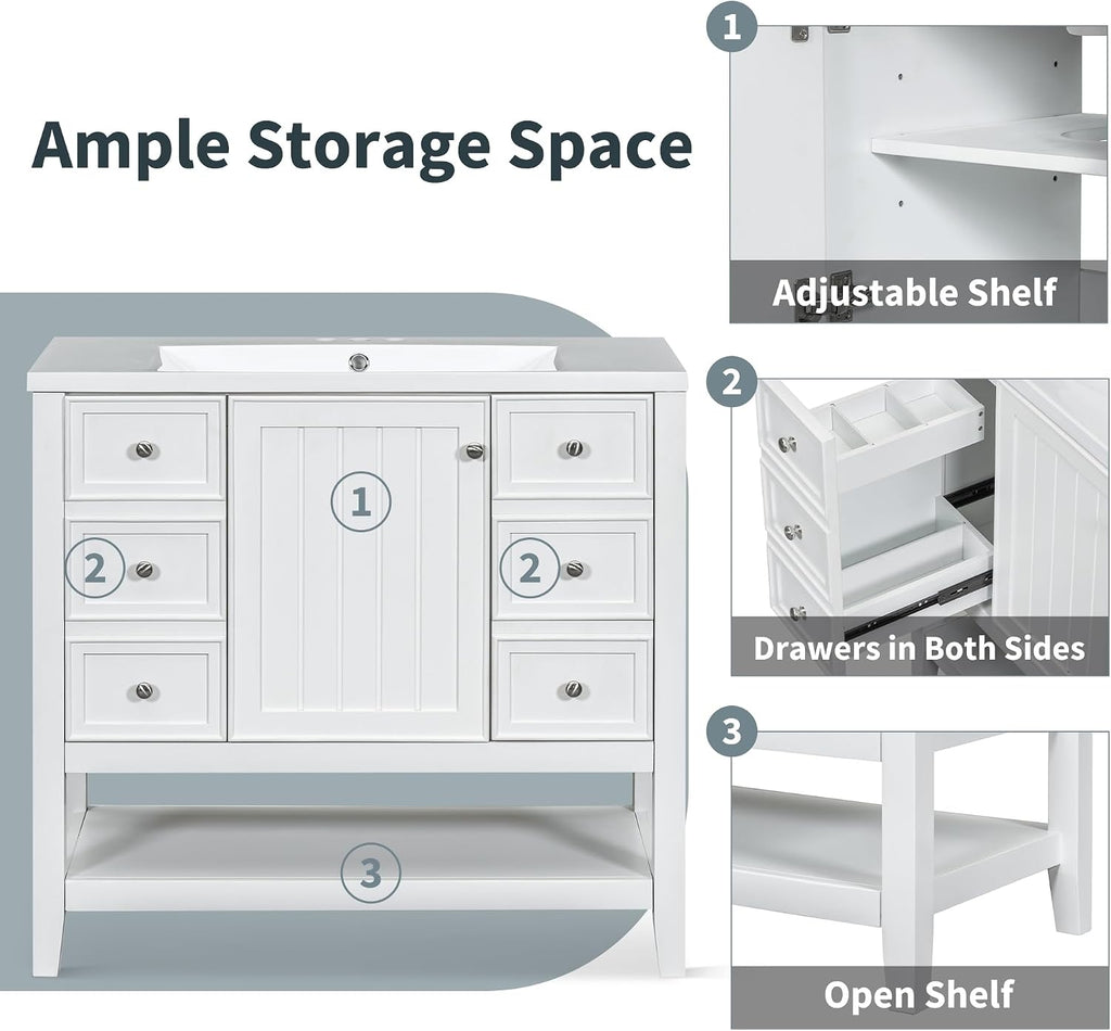 36' Vanity Bathroom Cabinet with Sink Top, Three Multi-Functional Drawers, Open Storage Space, Adjustable Shelf, White