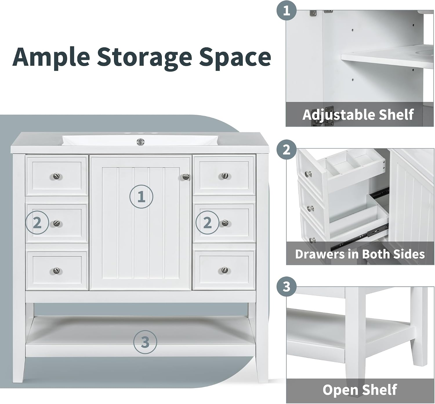 36' Vanity Bathroom Cabinet with Sink Top, Three Multi-Functional Drawers, Open Storage Space, Adjustable Shelf, White