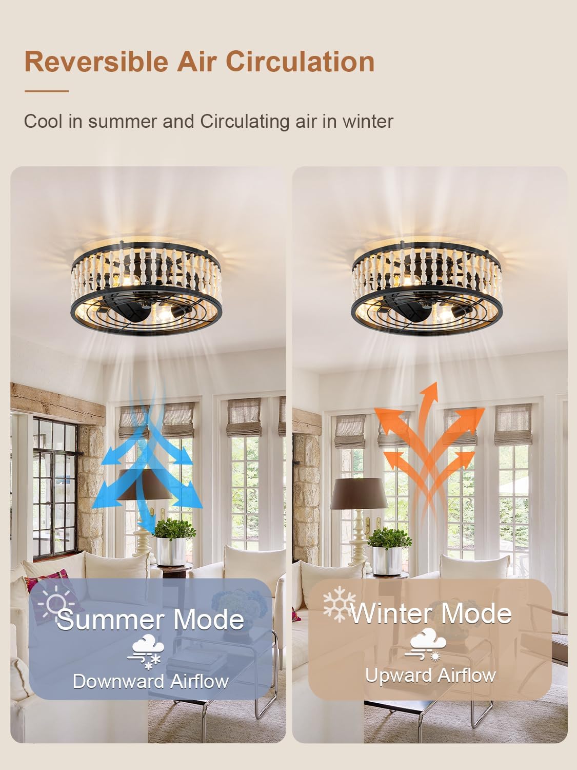 20' Boho Ceiling Fan with Light, Farmhouse Wood Beaded Ceiling Fanwith Remote, Flush Mount/Low Profile/6-Speed/Timer/3 CCT/Quiet DC Motor/Reversible