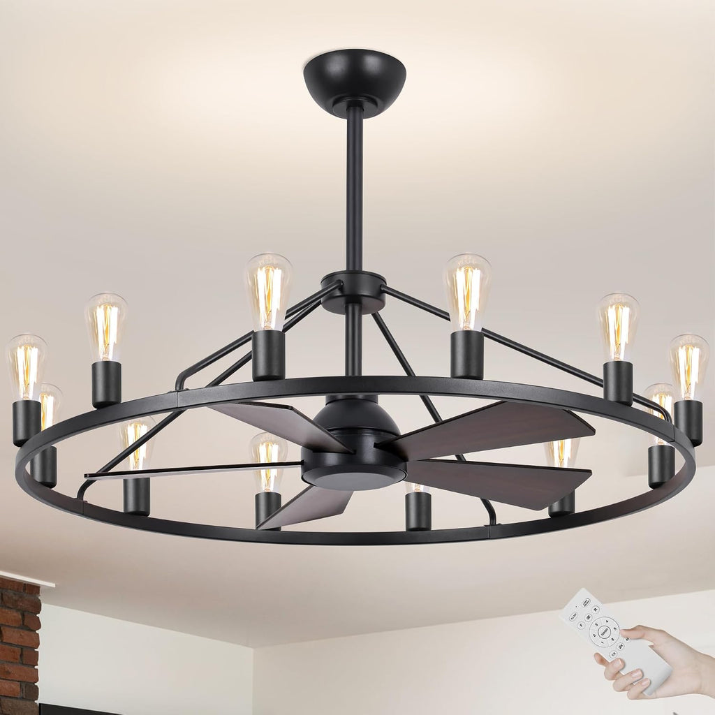 44' Wagon Wheel Chandelier with Fans, Black Farmhouse Ceiling Fan with Light and Remote, Rustic Large Fandelier for Living Room, Adjustable Height, Farmhouse Chandelier Light Fixtures