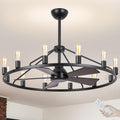 44' Wagon Wheel Chandelier with Fans, Black Farmhouse Ceiling Fan with Light and Remote, Rustic Large Fandelier for Living Room, Adjustable Height, Farmhouse Chandelier Light Fixtures