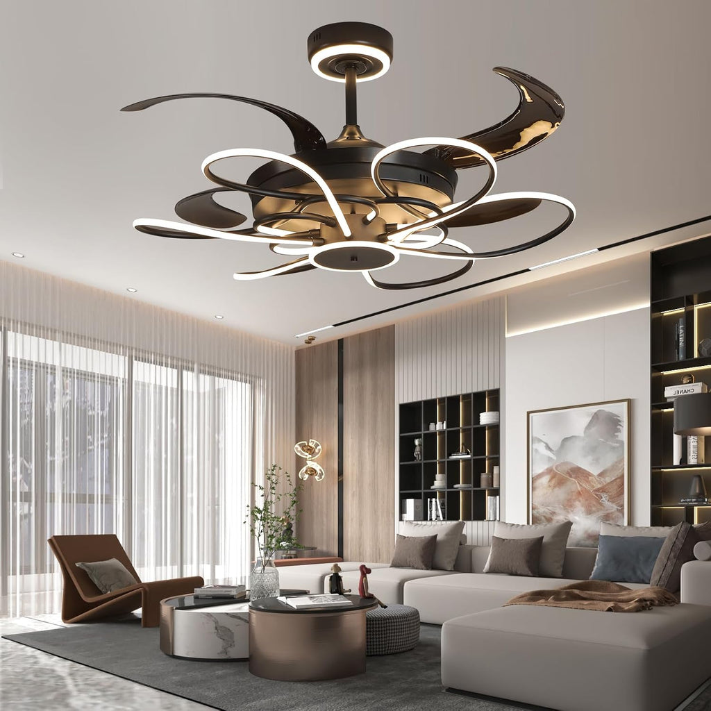 48 Inch Retractable Fandelier Ceiling Fan Chandelier with Lights and Remote for Bedroom Indoor Decoration, 3 Color Changeable, Dimmable with App, Timer Setting, Black