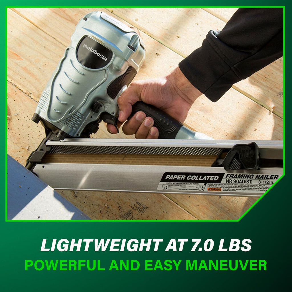 Metabo HPT Framing Nailer, Pro-Preferred Framing Tool for Flooring, Truss Build-Up, Roof Decking, and Housing Construction, Quick Switch Nailing, 3-1/2' 30° Paper Collated Nails, NR90ADS1