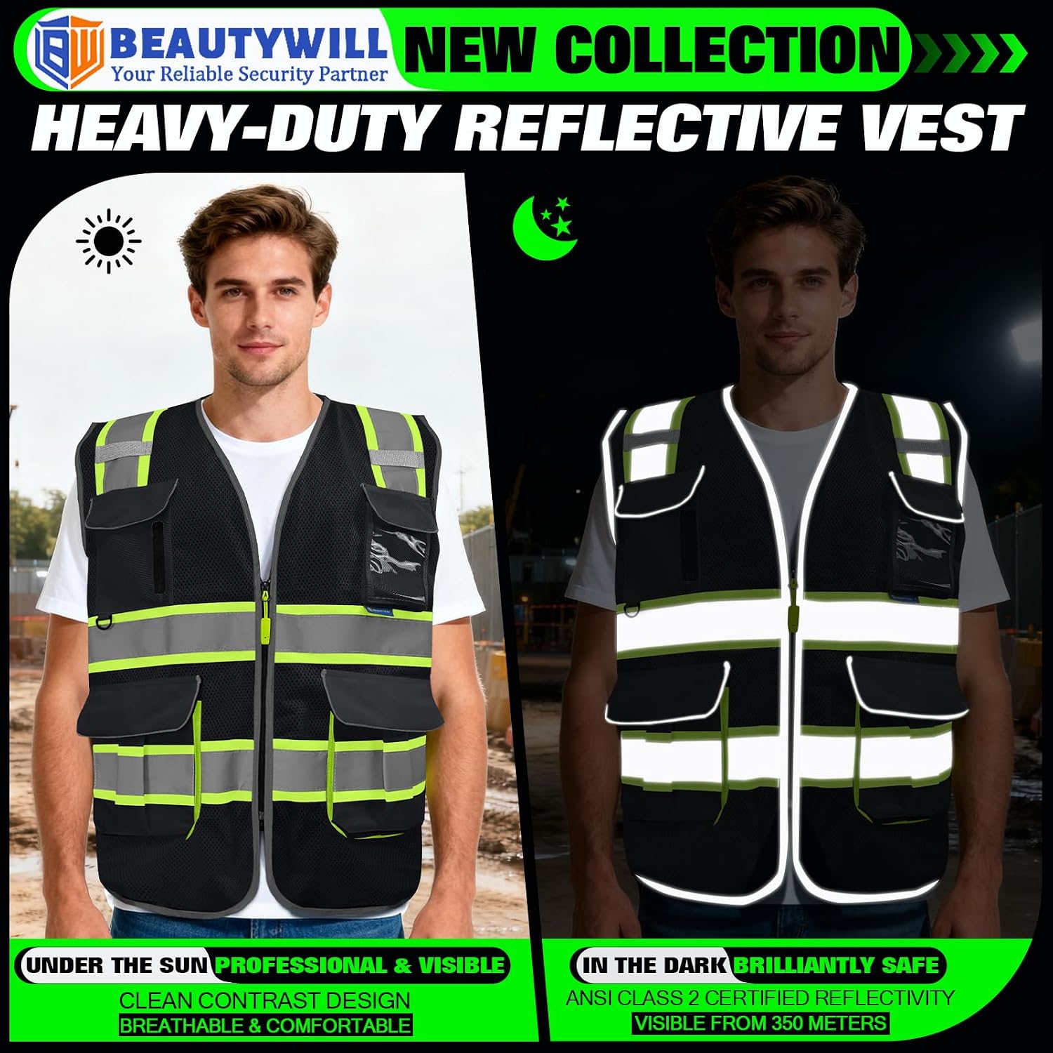BeautyWill 5 Pack Safety Vest Class2 ANSI Certified Custom Logo High Visibility Reflective Vest for Men -10 Pockets Personalized Logo Heavy-Duty Work Vest（Mesh Black，L）